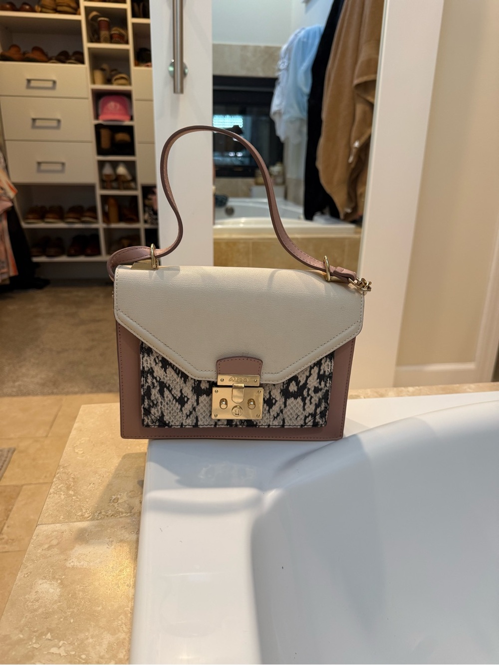 Aldo Two-Tone Top Handle Satchel in Cream and Dusty Pink with Snake Print Panel